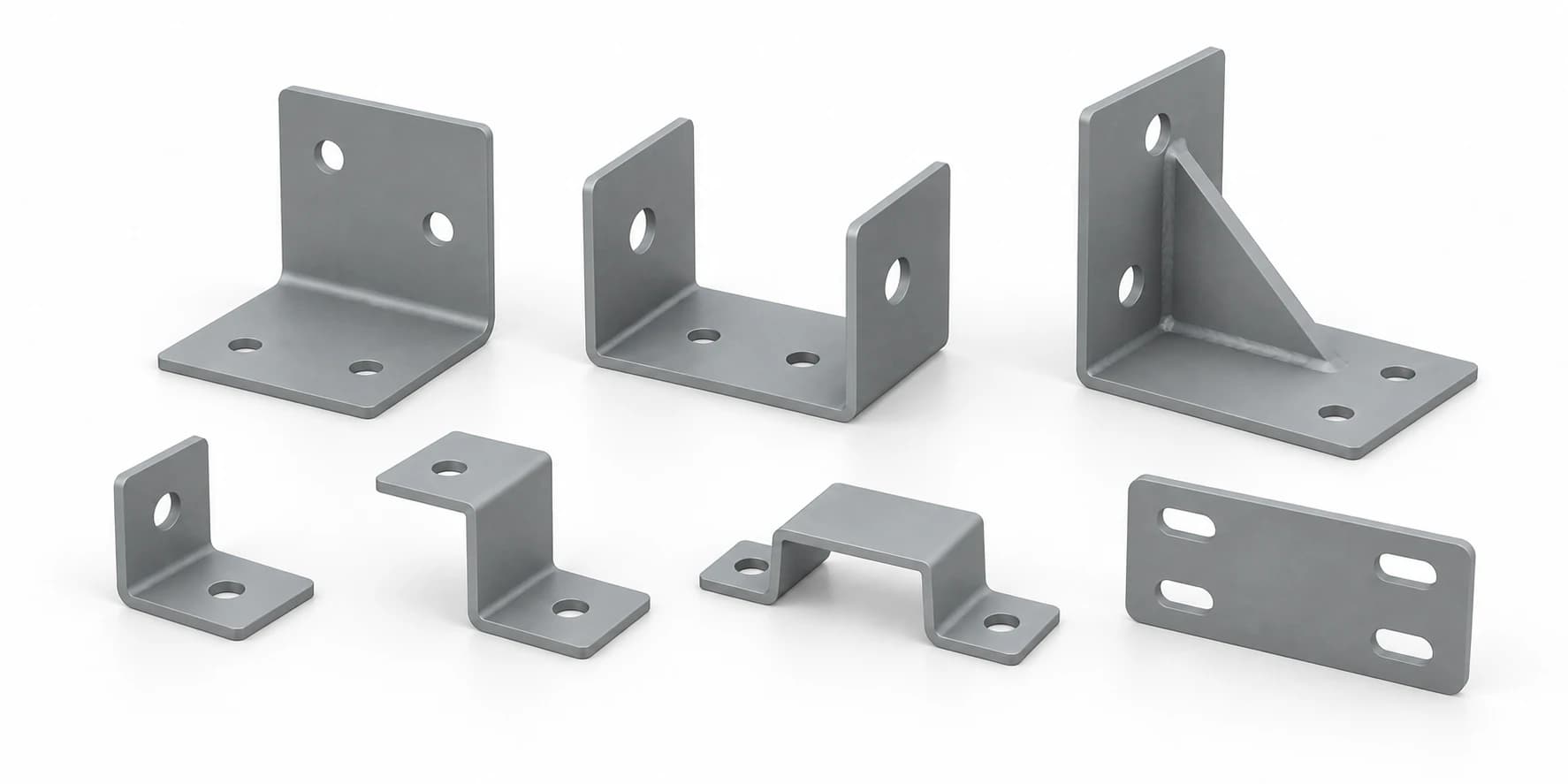 A range of formed metal brackets: angle, U-channel, gusseted, Z and hat-shaped brackets and a slotted plate.