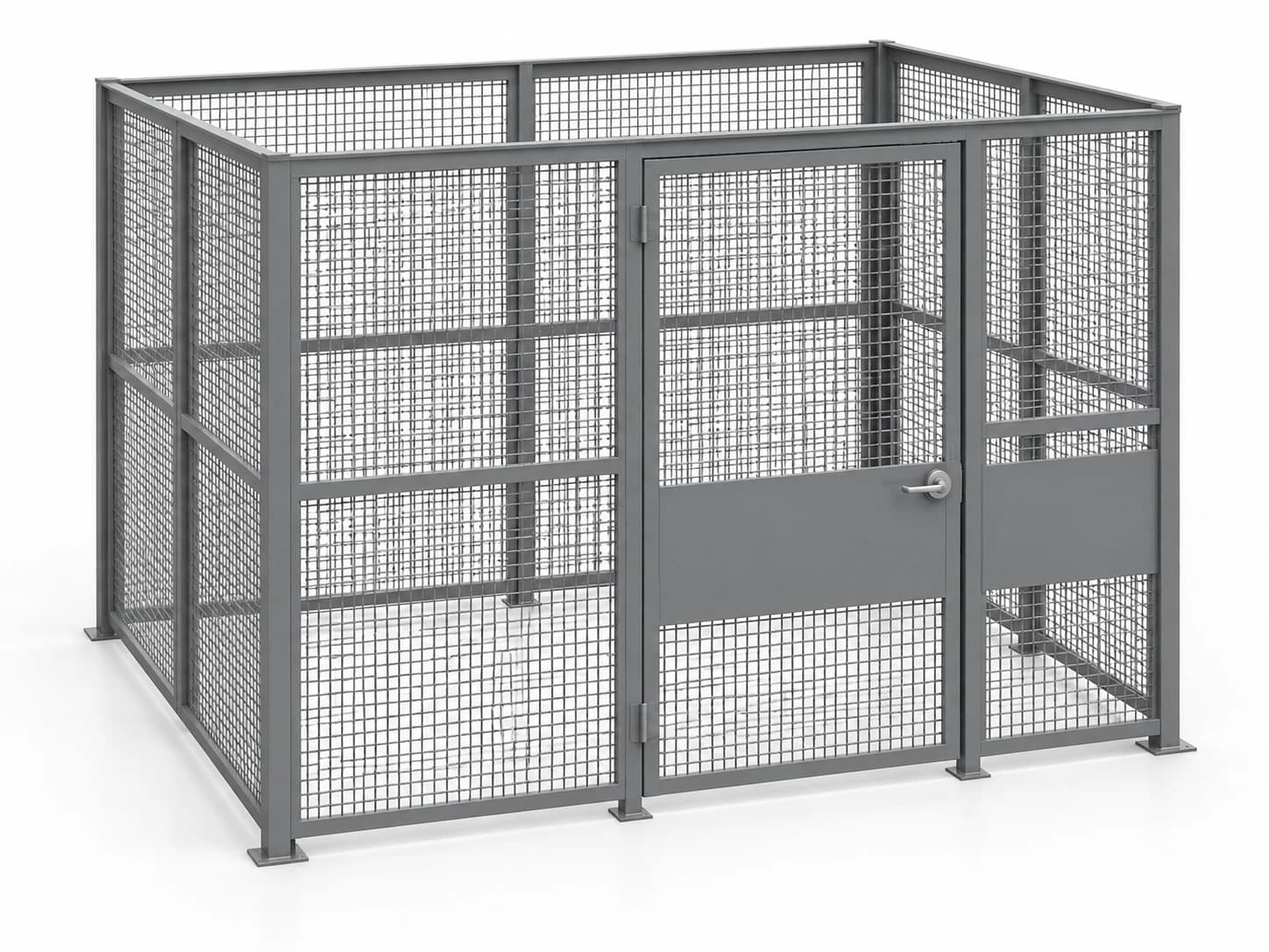 Wire mesh security enclosure with its door closed.