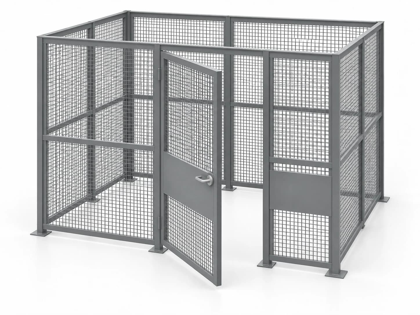 Wire mesh security enclosure with gray steel posts and rails, its door standing open.